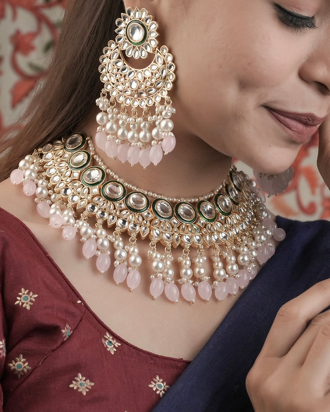 Luxury Gold Plated Kundan & Pink Beaded Necklace Set