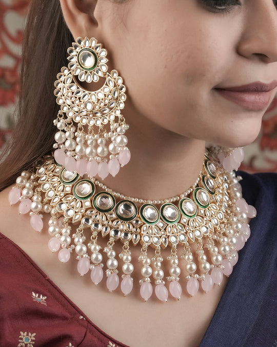 Luxury Gold Plated Kundan & Pink Beaded Necklace Set