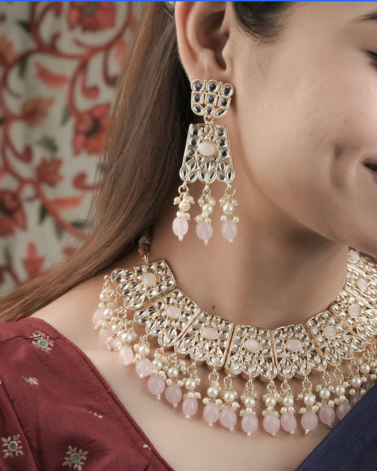 Gold Plated Pink Color Kundan Neclace Set