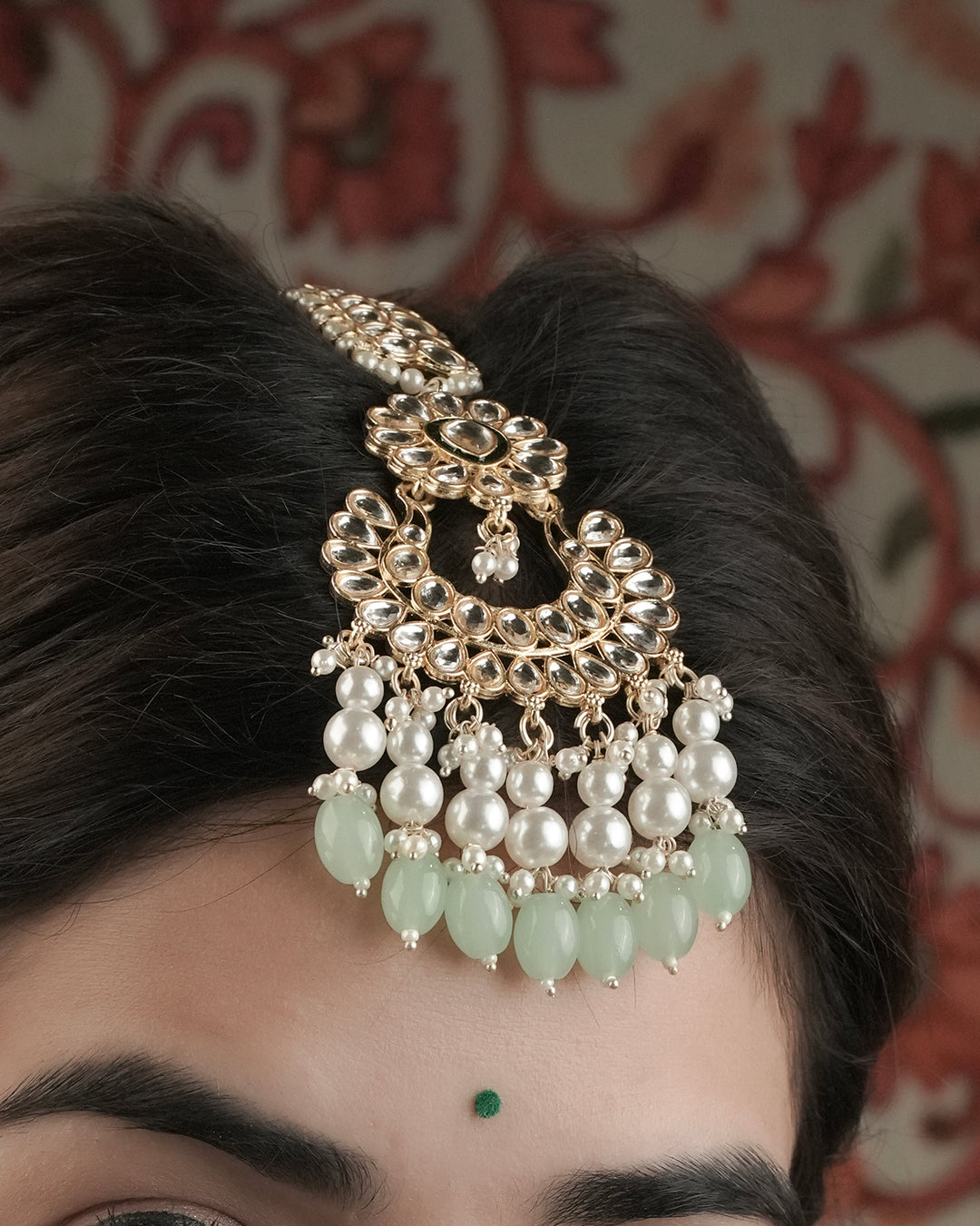 Gold Plated Kundan Plated Pearl & Mint Green Beaded Jewellery Set