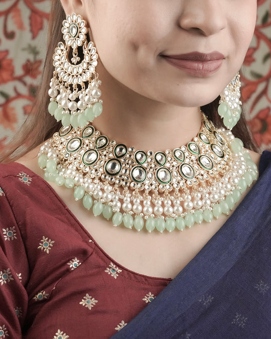 Gold Plated Kundan Plated Pearl & Mint Green Beaded Jewellery Set