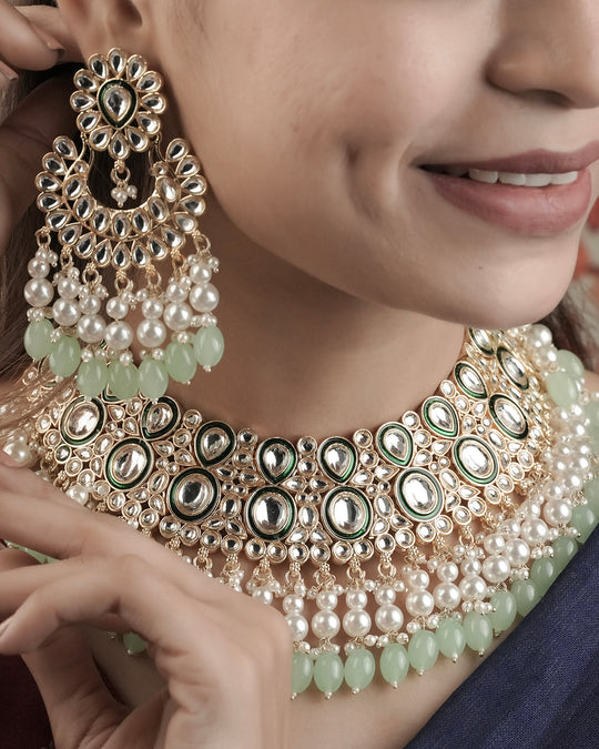 Gold Plated Kundan Plated Pearl & Mint Green Beaded Jewellery Set