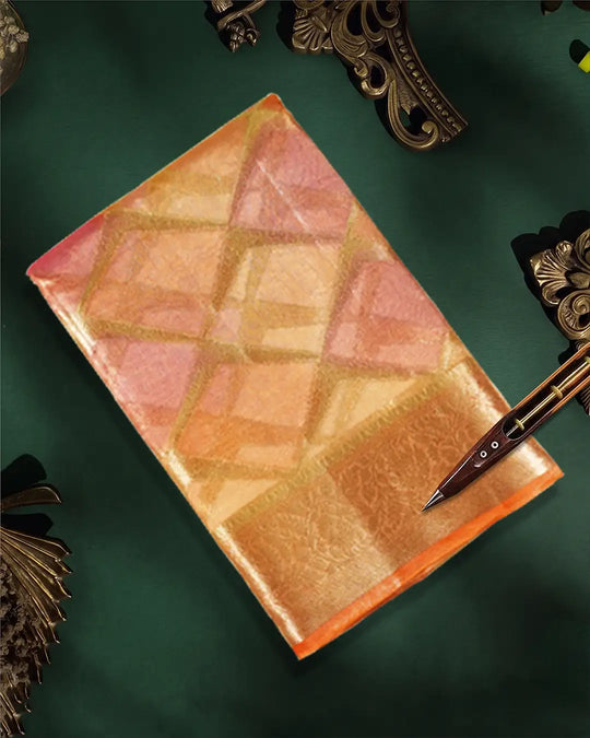 Sunlit Peach Pure Tissue Saree with Checkered Weave and Heritage Border