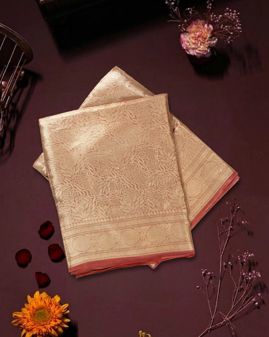 Coral Orange Pure Tissue Saree with Intricate Floral Weaving