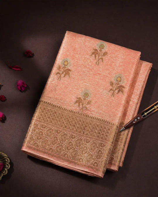 Soft Peach Pure Tissue Saree with Minimal Butis and Antique Zari Border