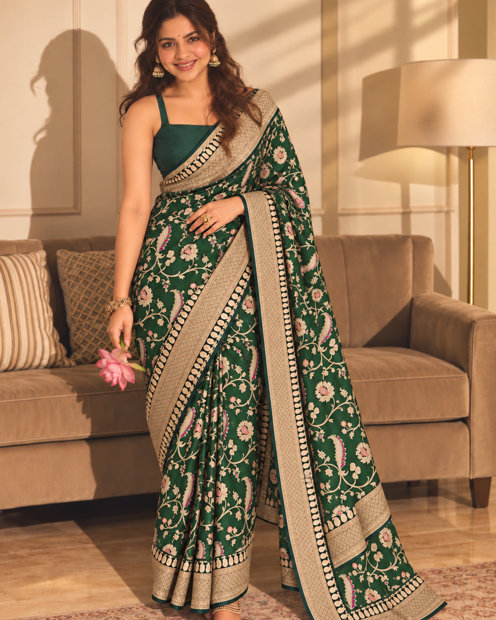 Green Pure Katan Saree with Meenakari Weaving