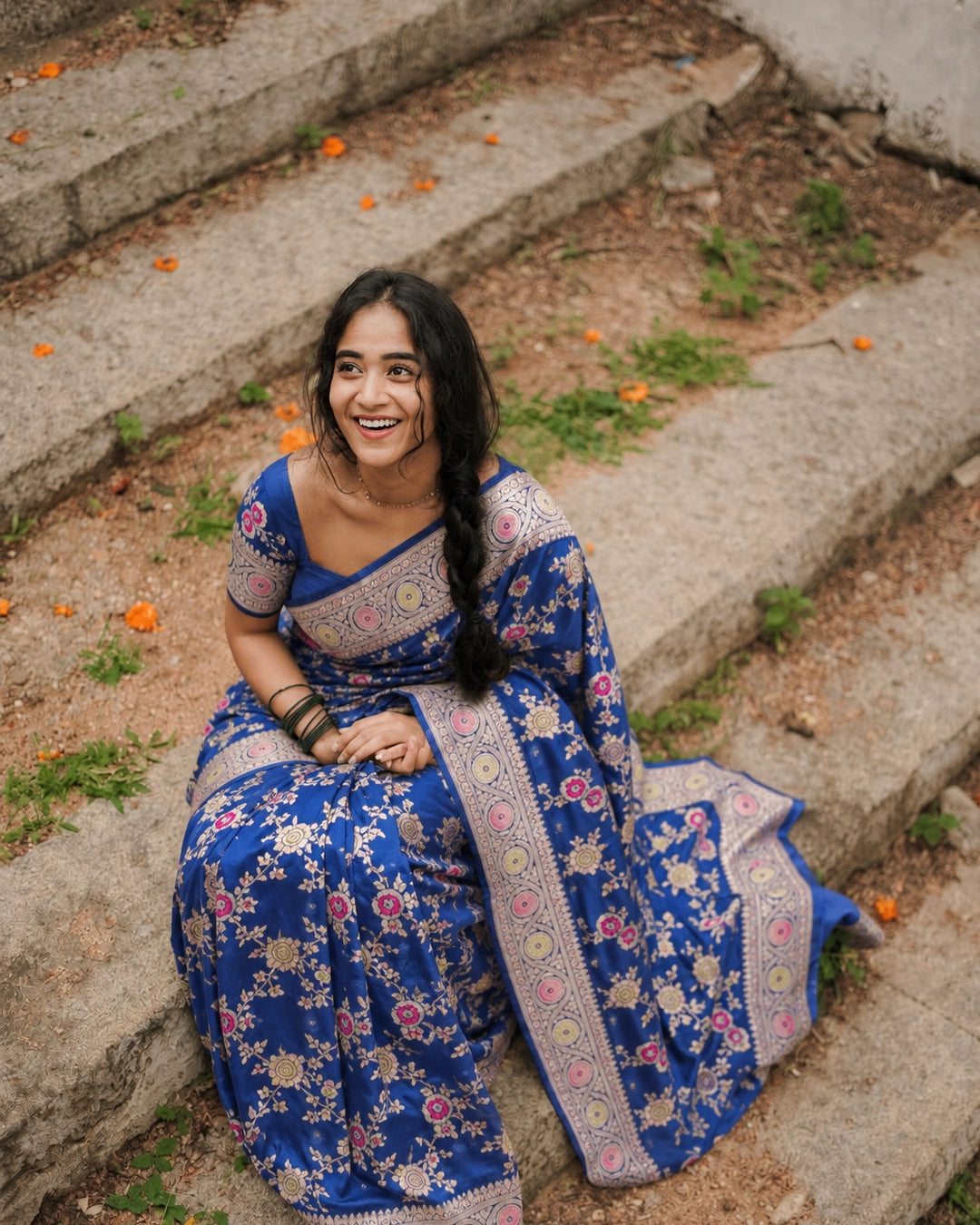 Royal Blue Pure Katan Saree with Multicolour Floral Meenakari Motif Weaving