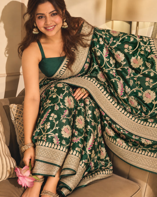 Green Pure Katan Saree with Meenakari Weaving