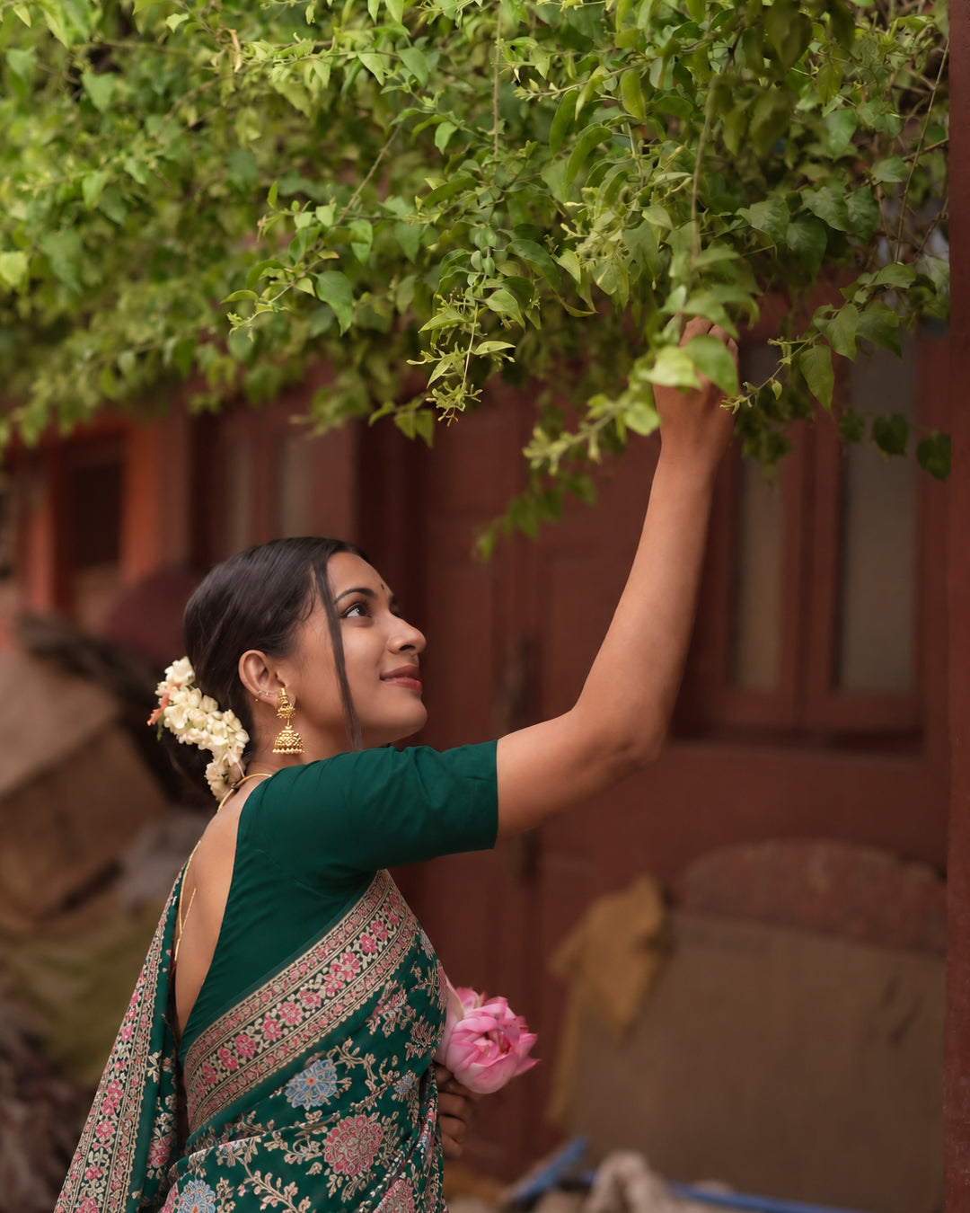 Green Pure Katan Saree with Scattered Floral Meenakari Weaves