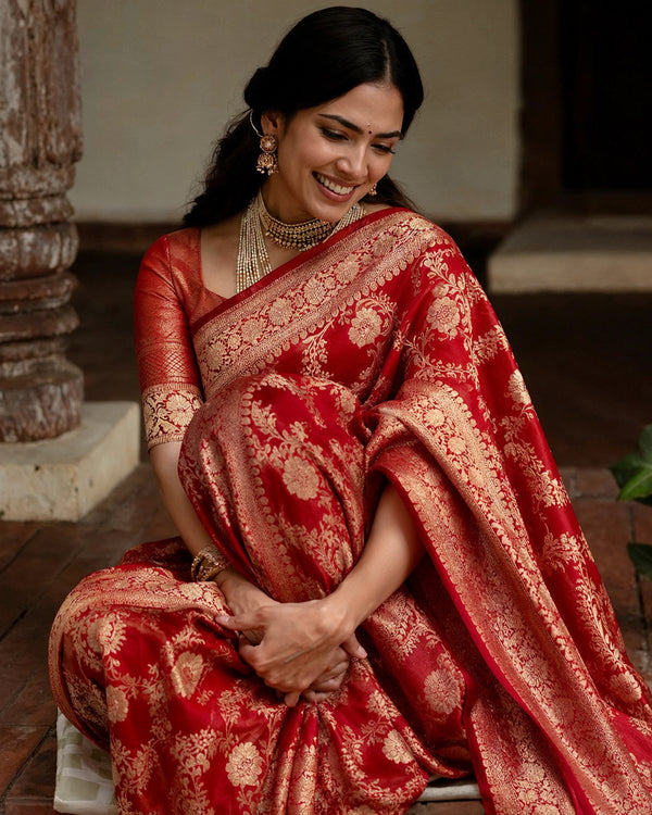 Red Pure Katan Saree with Traditional Mughal-Style Florals Weaves