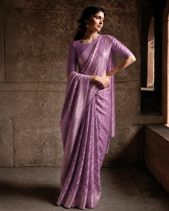 Lilac Pure Banarasi Saree With Timeless Delicate Floral Vine Weaving