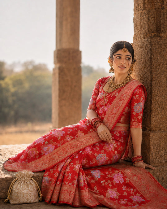 Red Pure Banarasi Saree with Multicolour Floral Meena Weaving
