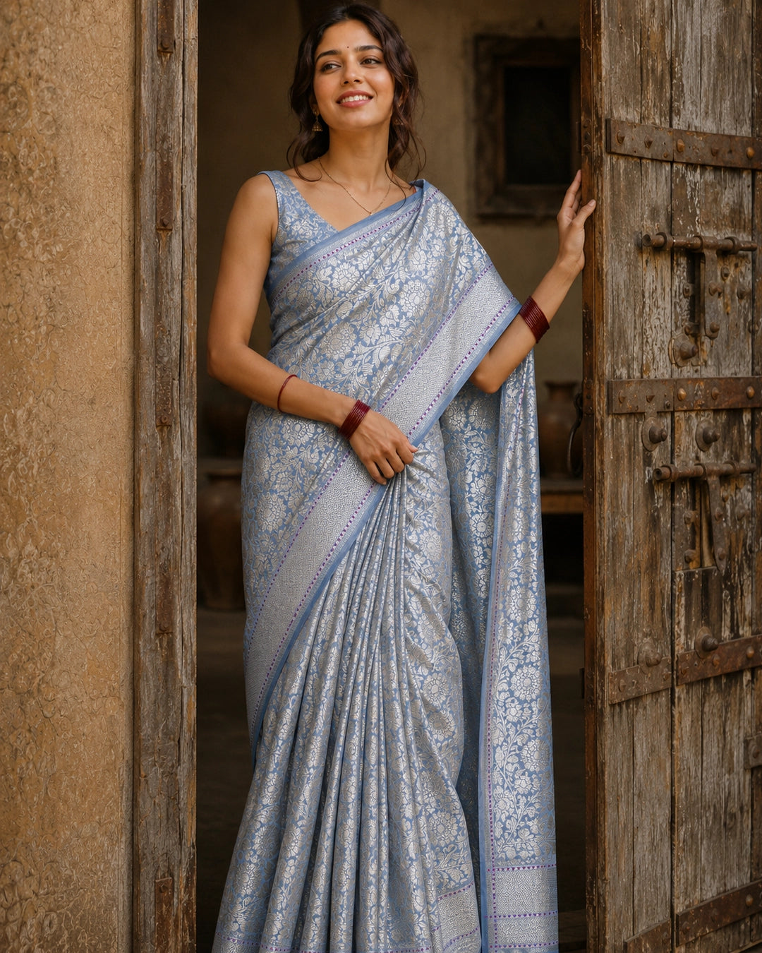 Misty Blue Pure Banarasi Saree with Floral Jaal Weaving