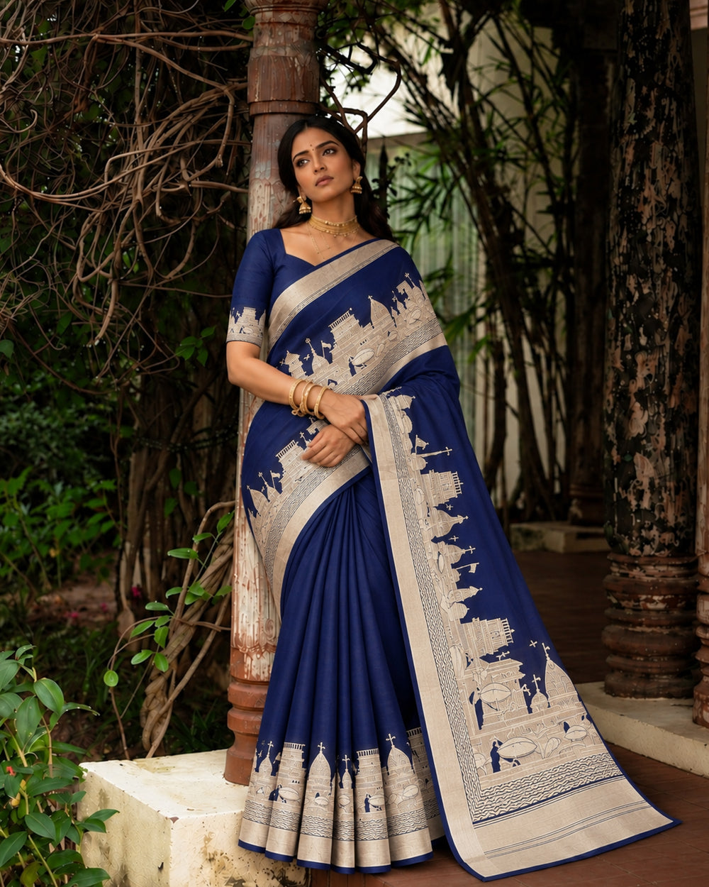 Navy Blue Pure Katan Saree with Traditional Banaras Ghat & Temple Weaves