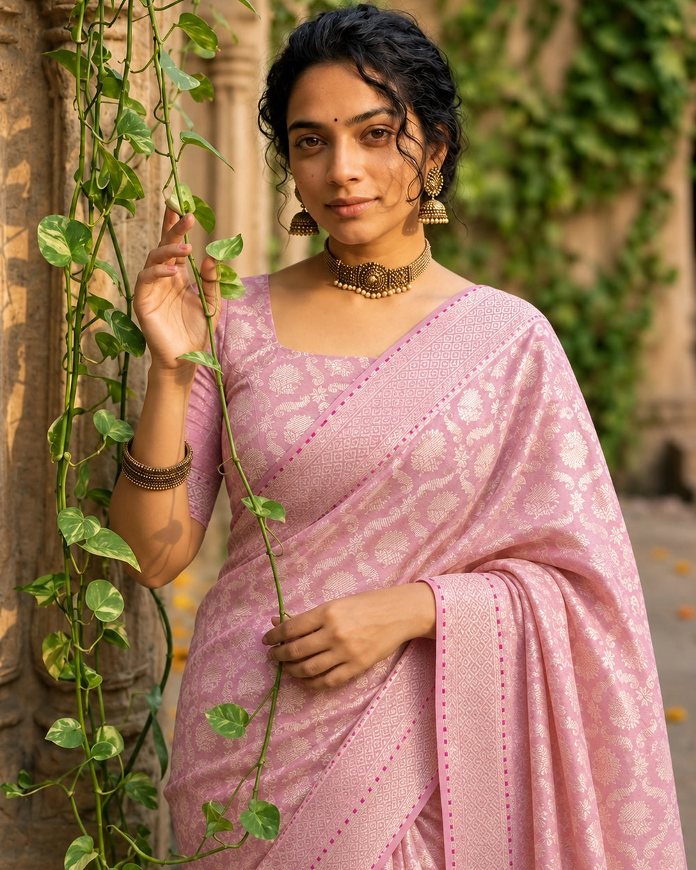 Barbie Pink Pure Banarasi Saree with All-Over Geometric Brocade Weaving