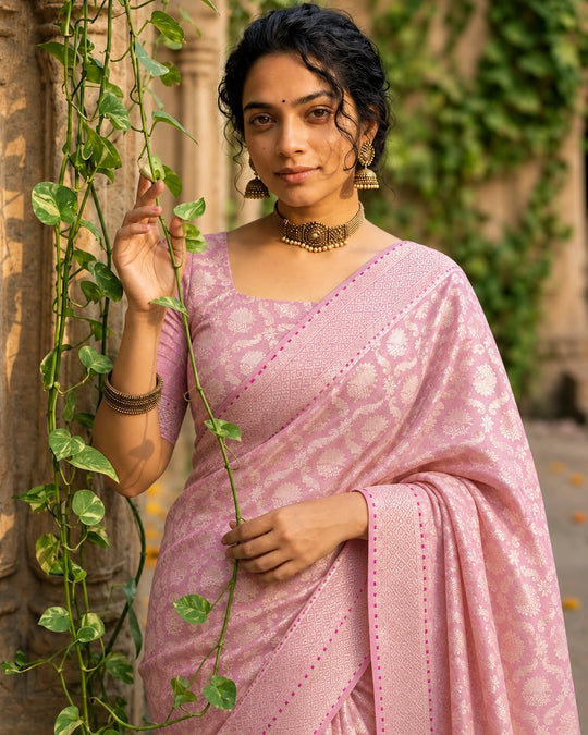 Barbie Pink Pure Banarasi Saree with All-Over Geometric Brocade Weaving