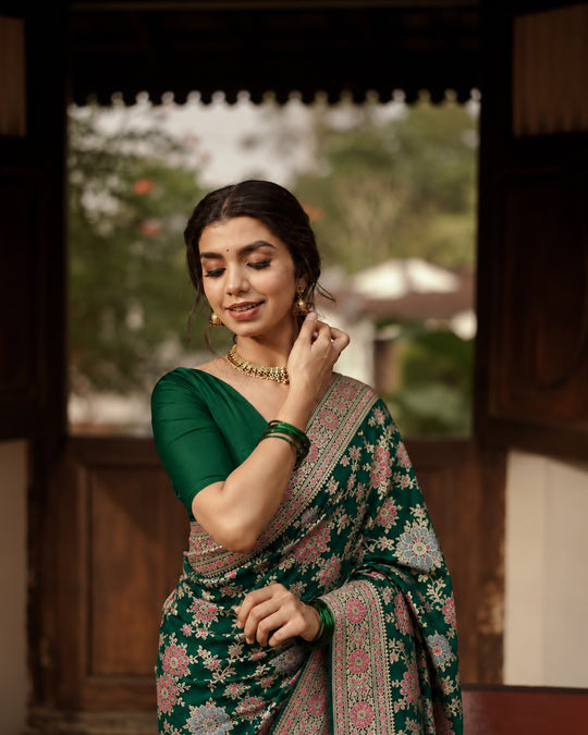Green Pure Katan Saree with Scattered Floral Meenakari Weaves