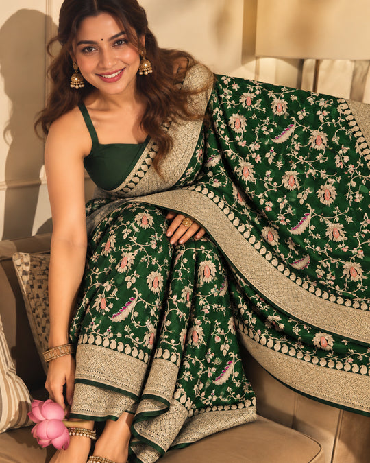 Green Pure Katan Saree with Meenakari Weaving