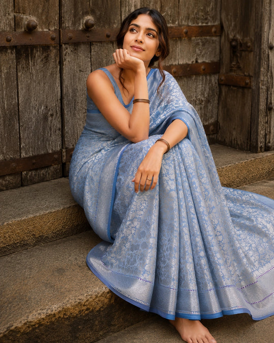 Misty Blue Pure Banarasi Saree with Floral Jaal Weaving