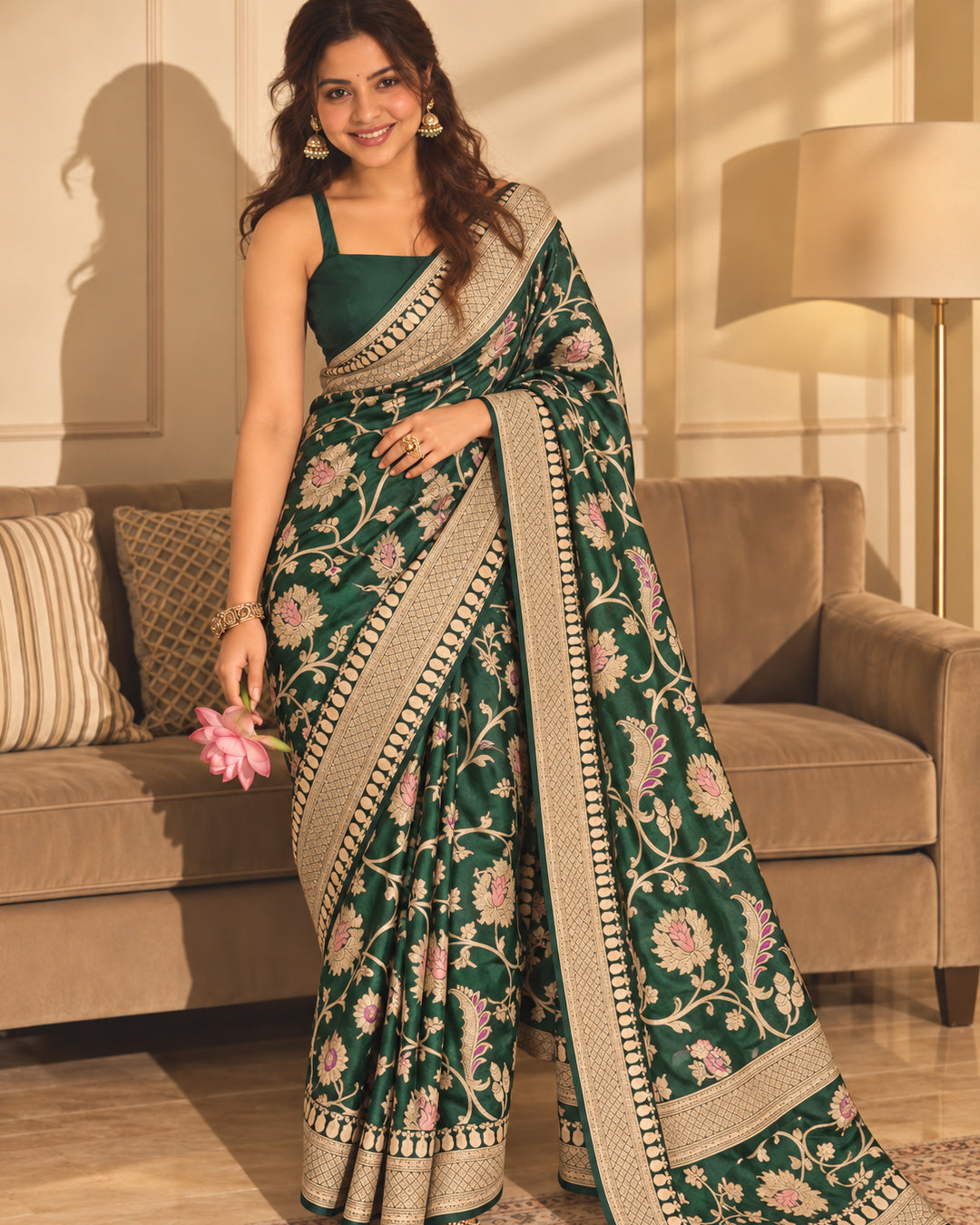Green Pure Katan Saree with Meenakari Weaving