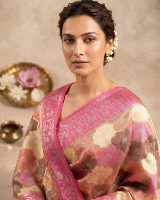 Pastel Rankat Pure Banarasi Silk + Tissue Saree with Floral Mosaic Weaving