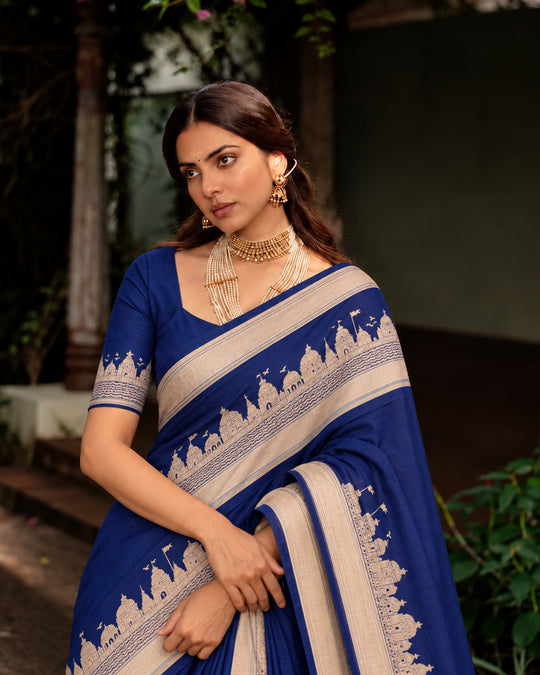 Navy Blue Pure Katan Saree with Traditional Banaras Ghat & Temple Weaves