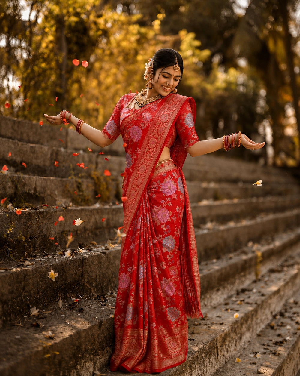 Red Pure Banarasi Saree with Multicolour Floral Meena Weaving