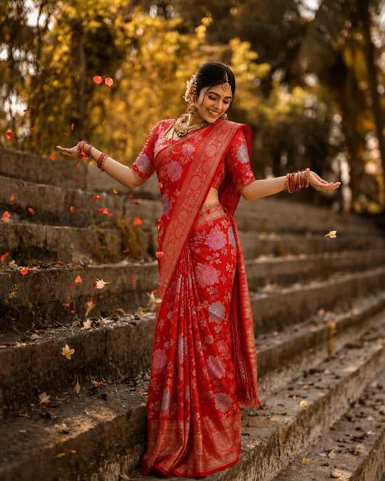 Red Pure Banarasi Saree with Multicolour Floral Meena Weaving