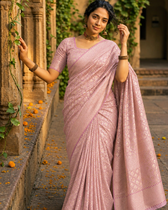 Barbie Pink Pure Banarasi Saree with All-Over Geometric Brocade Weaving