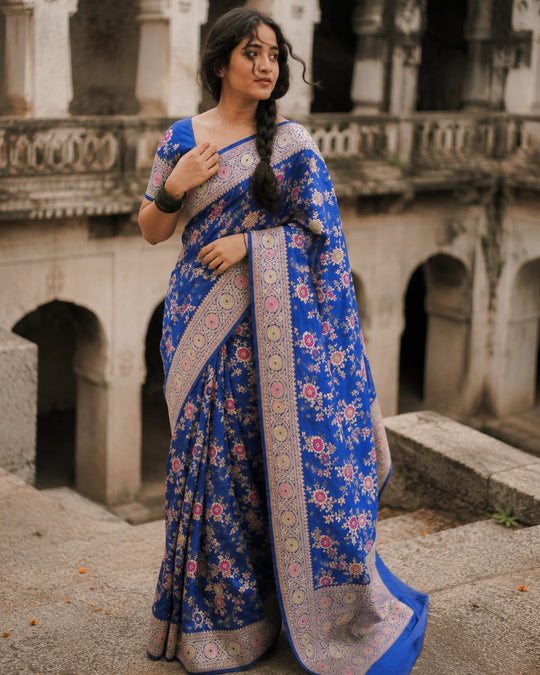 Royal Blue Pure Katan Saree with Multicolour Floral Meenakari Motif Weaving
