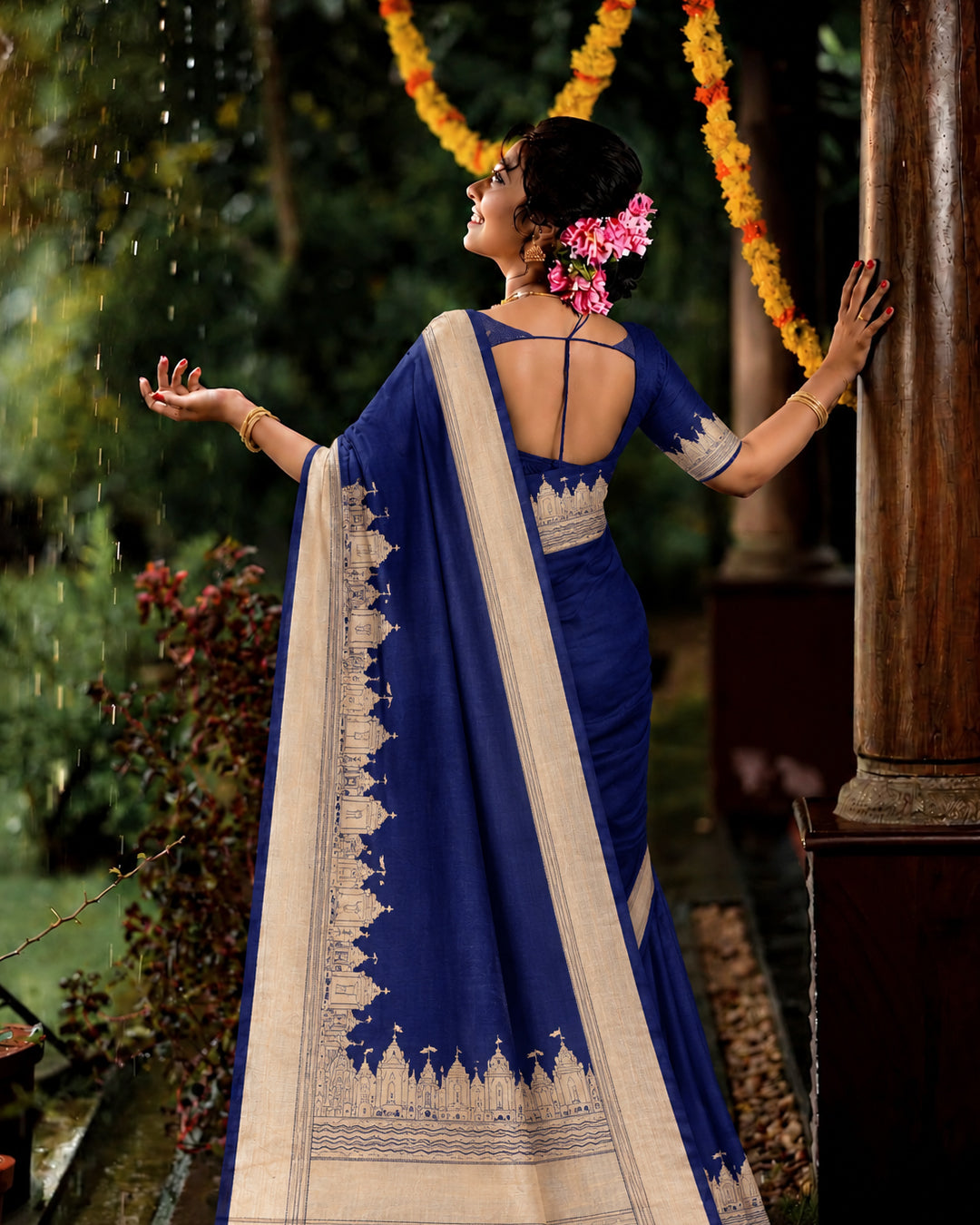 Navy Blue Pure Katan Saree with Traditional Banaras Ghat & Temple Weaves