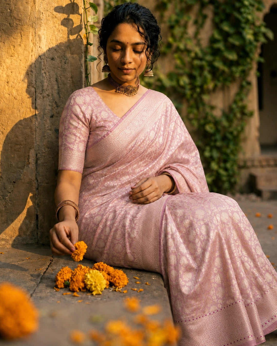 Barbie Pink Pure Banarasi Saree with All-Over Geometric Brocade Weaving