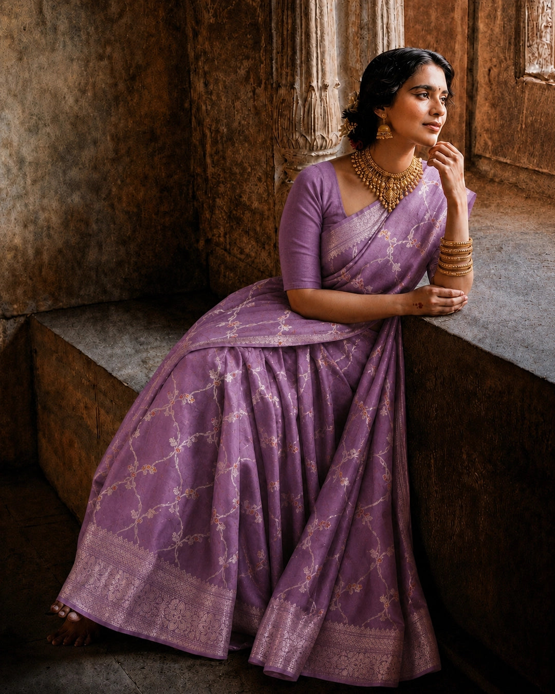 Lilac Pure Banarasi Saree With Timeless Delicate Floral Vine Weaving