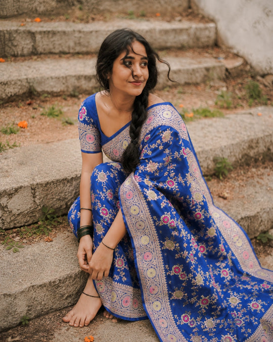 Royal Blue Pure Katan Saree with Multicolour Floral Meenakari Motif Weaving
