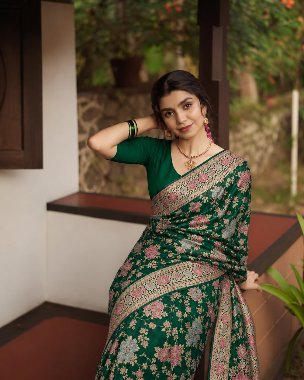 Green Pure Katan Saree with Scattered Floral Meenakari Weaves