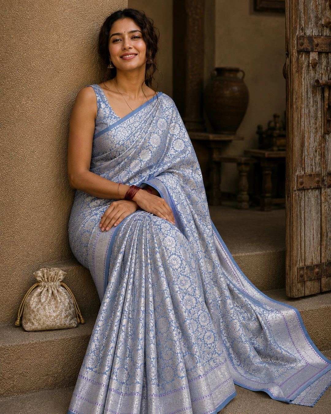 Misty Blue Pure Banarasi Saree with Floral Jaal Weaving