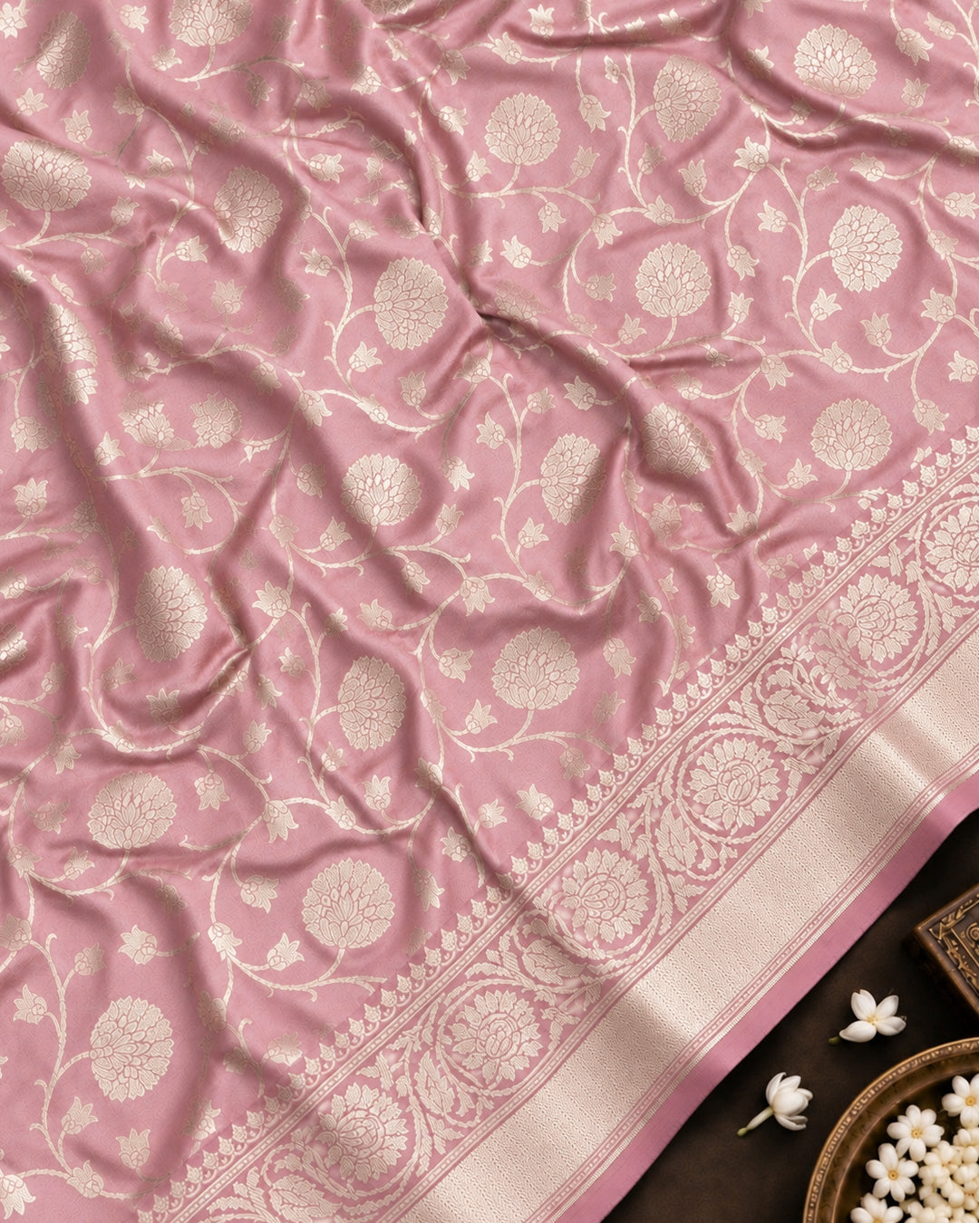 Soft Mauve Pink Pure Katan Saree with Floral Rosette Weaving