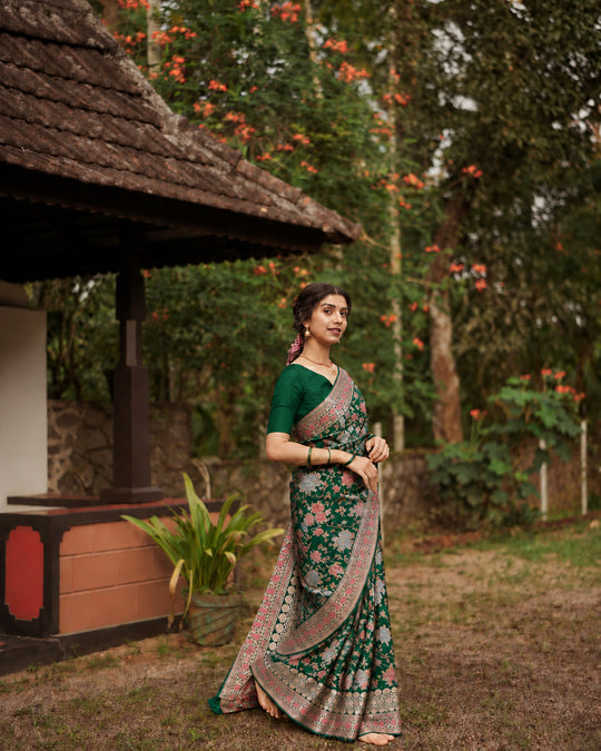 Green Pure Katan Saree with Scattered Floral Meenakari Weaves