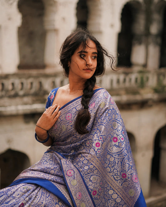 Royal Blue Pure Katan Saree with Multicolour Floral Meenakari Motif Weaving