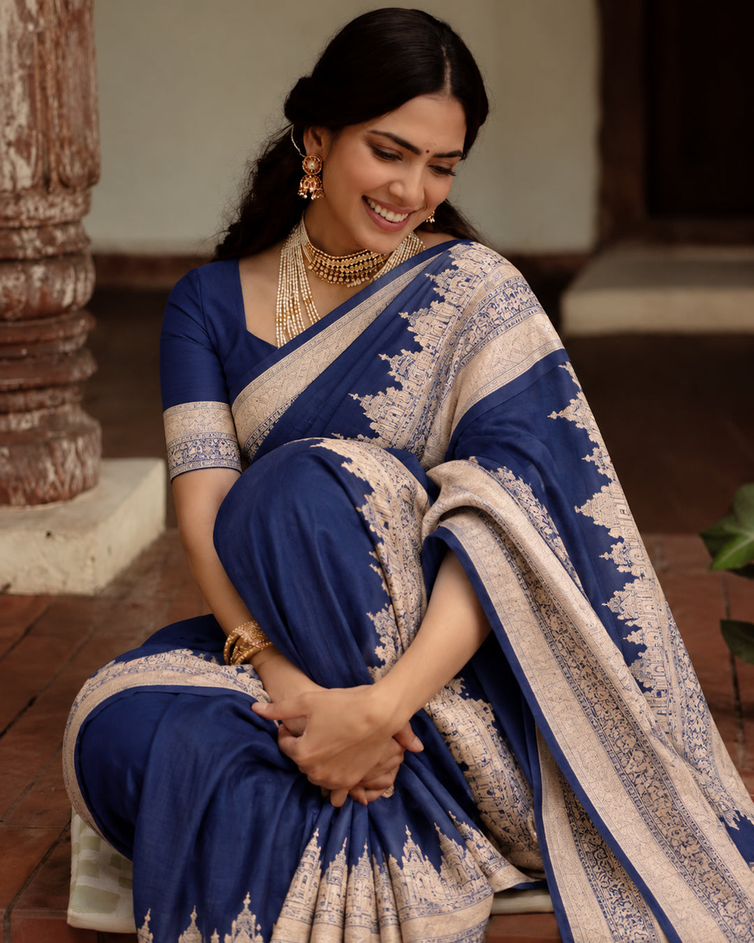 Navy Blue Pure Katan Saree with Traditional Banaras Ghat & Temple Weaves