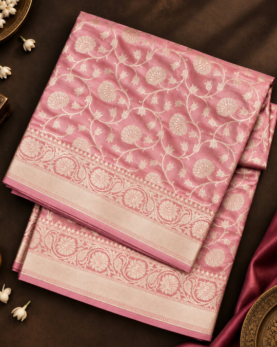 Soft Mauve Pink Pure Katan Saree with Floral Rosette Weaving