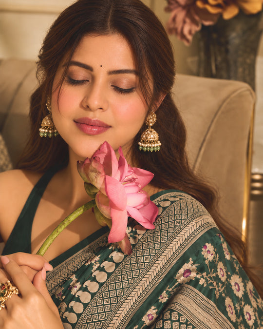 Green Pure Katan Saree with Meenakari Weaving