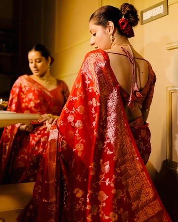 Ruby Red Banarasi Hadnwoven Saree With Cutwork Zari Jaal