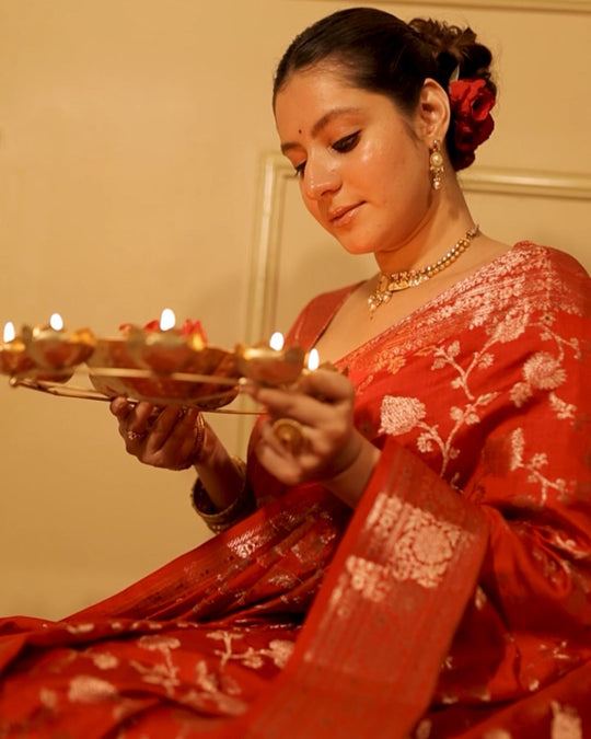 Ruby Red Banarasi Hadnwoven Saree With Cutwork Zari Jaal