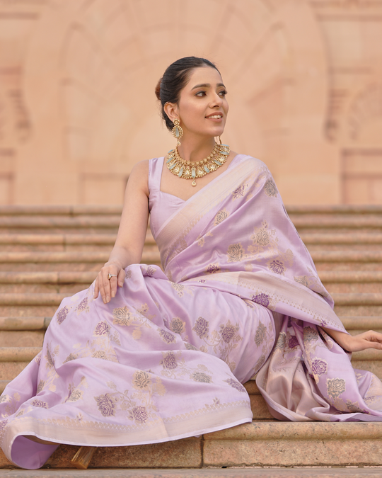 Lavender Opulence Pure Banarasi Silk Saree with Enchanted Floral Details