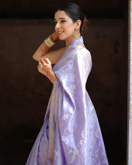 Periwinkle Lavender Handwoven Banarasi Saree with Opulent Zari Detailing