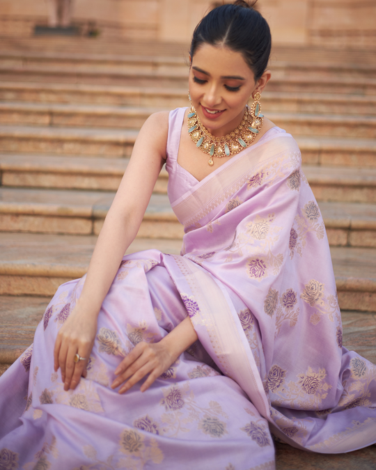 Lavender Opulence Pure Banarasi Silk Saree with Enchanted Floral Details