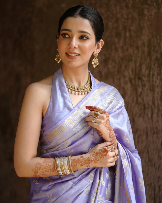 Periwinkle Lavender Handwoven Banarasi Saree with Opulent Zari Detailing