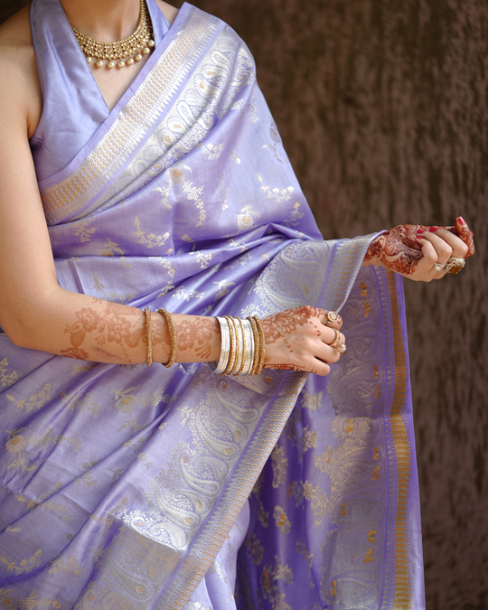 Periwinkle Lavender Handwoven Banarasi Saree with Opulent Zari Detailing