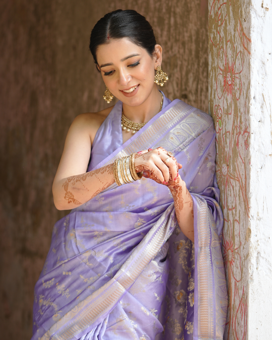 Periwinkle Lavender Handwoven Banarasi Saree with Opulent Zari Detailing